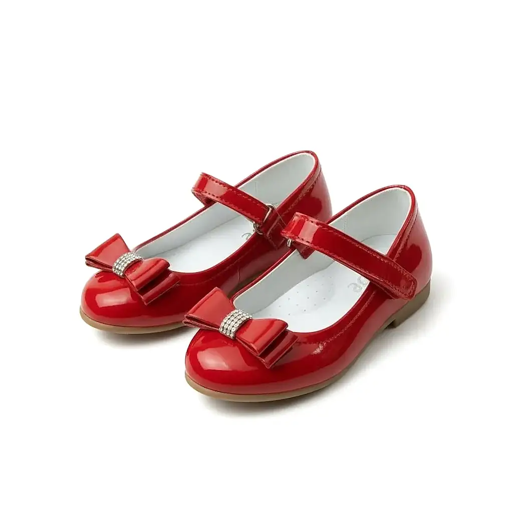 Kız Çocuk Kırmızı Fiyonklu Ayakkabı  Bilekten Cırtlı, Rugan Özel Gün Ayakkabısı