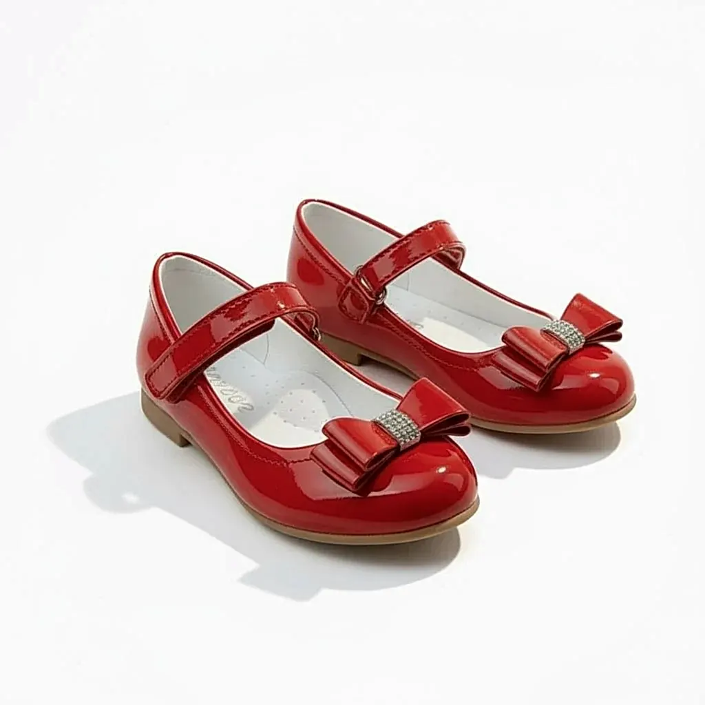 Kız Çocuk Kırmızı Fiyonklu Ayakkabı Bilekten Cırtlı, Rugan Özel Gün Ayakkabısı