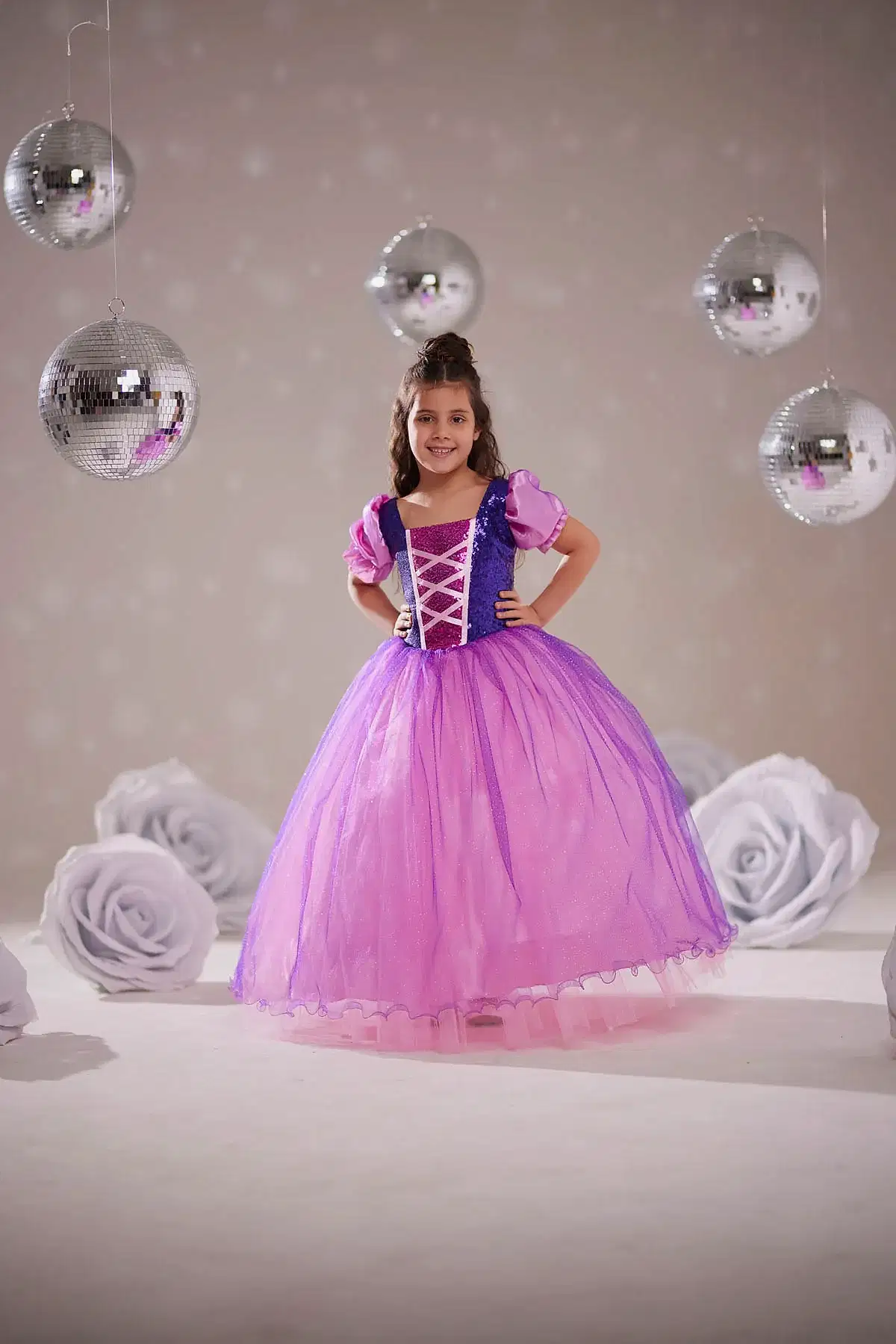Kız Çocuk Rapunzel Kostümü Tüllü Prenses Elbise