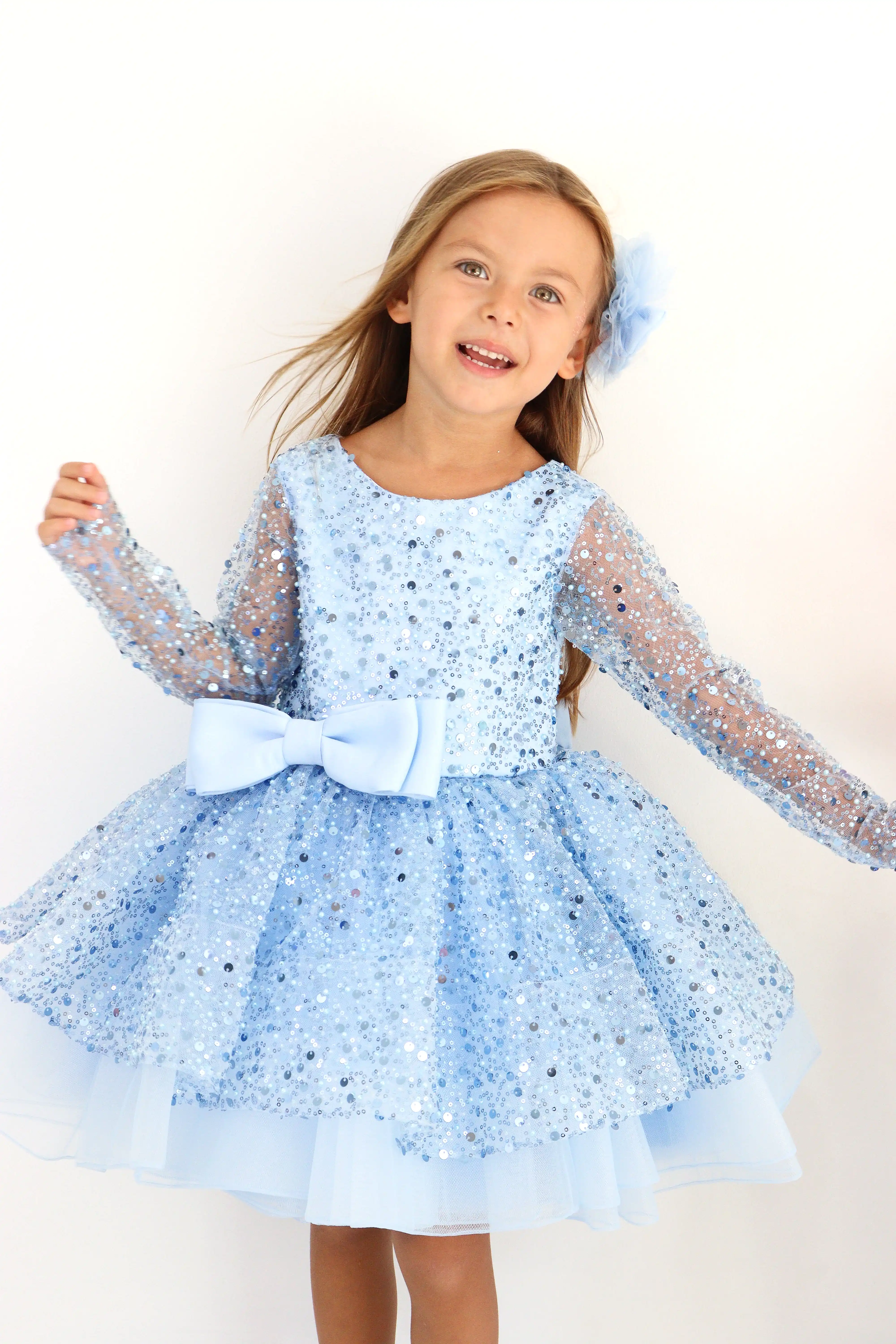 Mavi Pul Payetli Kız Çocuk Abiye 1–10 Yaş Uzun Kollu Tül Elbise