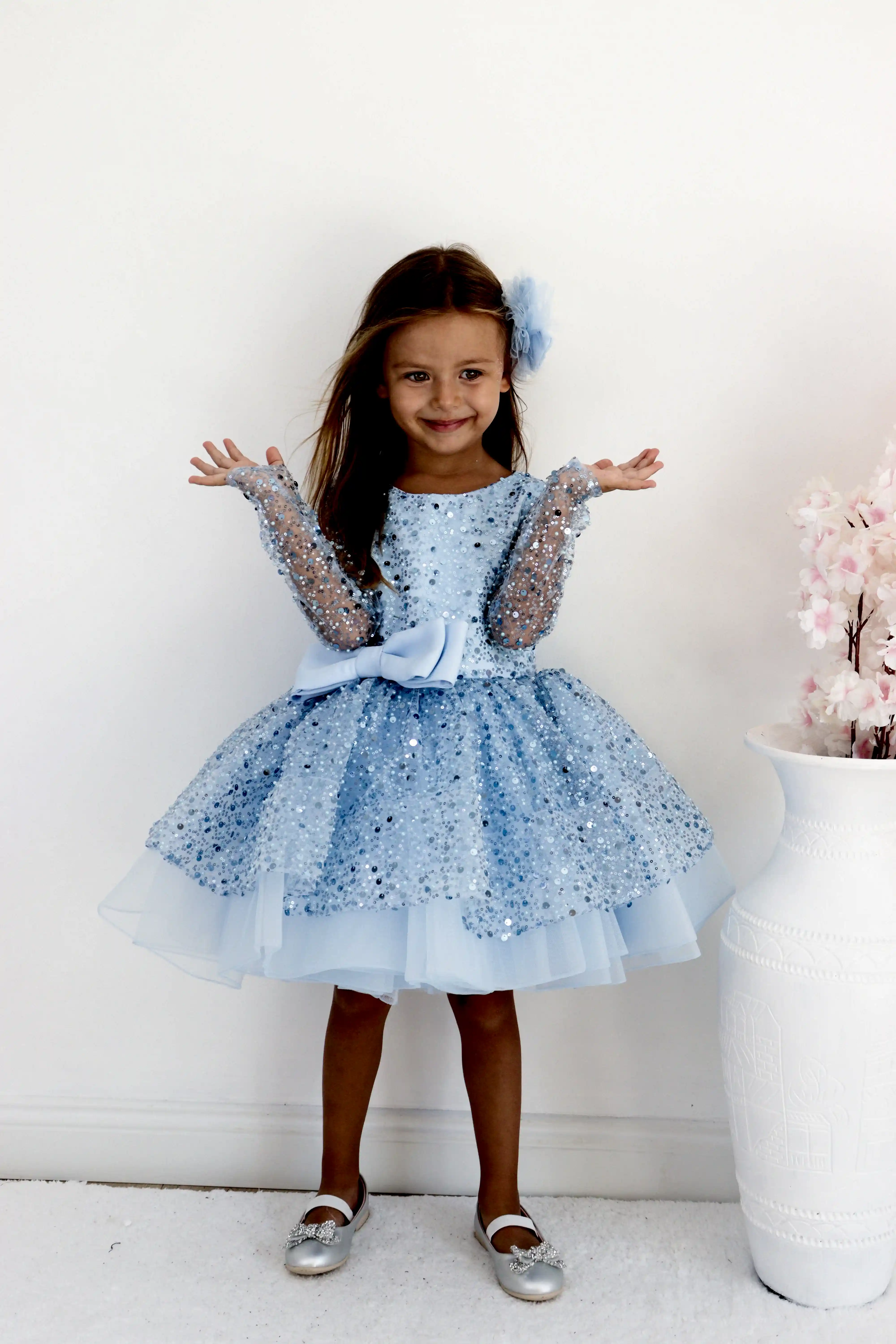 Mavi Pul Payetli Kız Çocuk Abiye 1–10 Yaş Uzun Kollu Tül Elbise