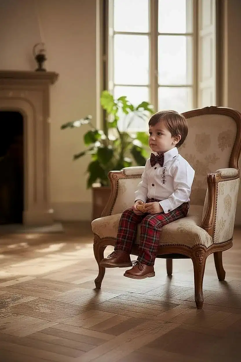 Erkek Bebek Yılbaşı Takımı –Kurabiye Nakışlı Gömlek & Ekose Pantolon Papyon Seti