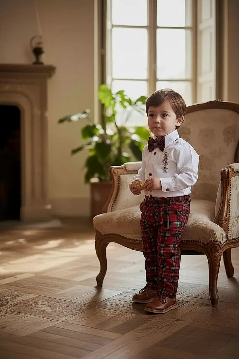 Erkek Bebek Yılbaşı Takımı –Kurabiye Nakışlı Gömlek & Ekose Pantolon Papyon Seti