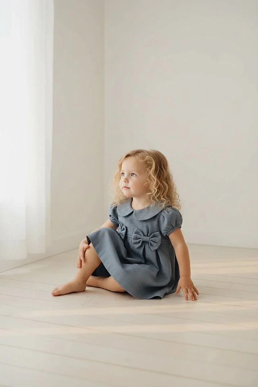 Kız Çocuk Bebe Yaka Fiyonk Detaylı Elbise  1–8 Yaş Klasik & Şık Tasarım