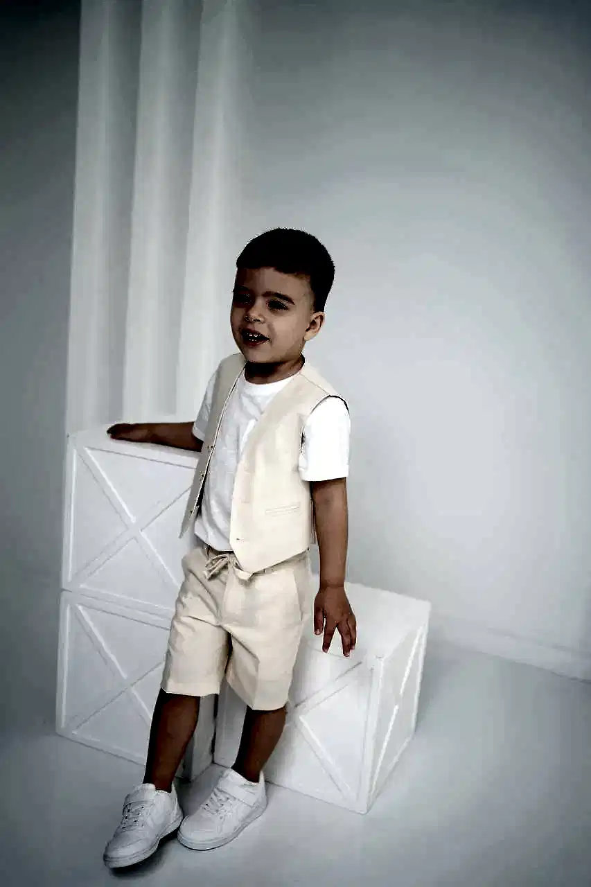 Çocuk Keten Yelek Şort Tişört 3’lü Takım – Krem