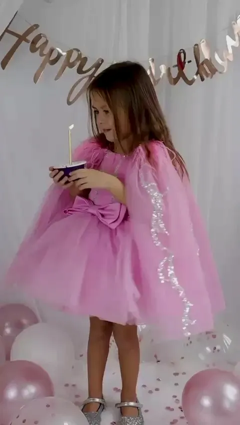 Pembe Tül Payetli Kız Çocuk Abiye 1–10 Yaş Doğum Günü Elbisesi