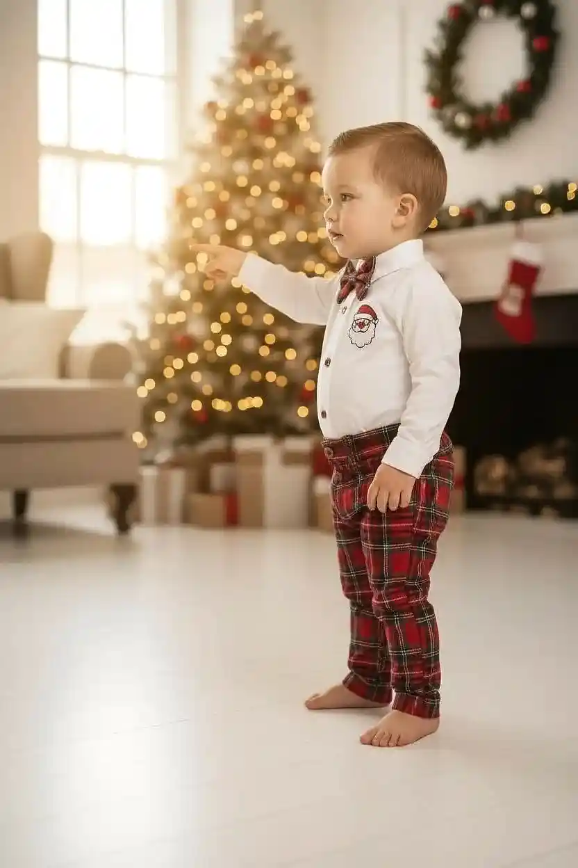 Yılbaşı Erkek Bebek Takım Noel Baba Nakışlı Gömlek & Ekose Pantolon & Papyon