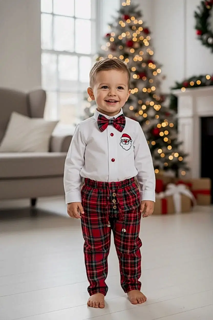 Yılbaşı Erkek Bebek Takım Noel Baba Nakışlı Gömlek & Ekose Pantolon & Papyon