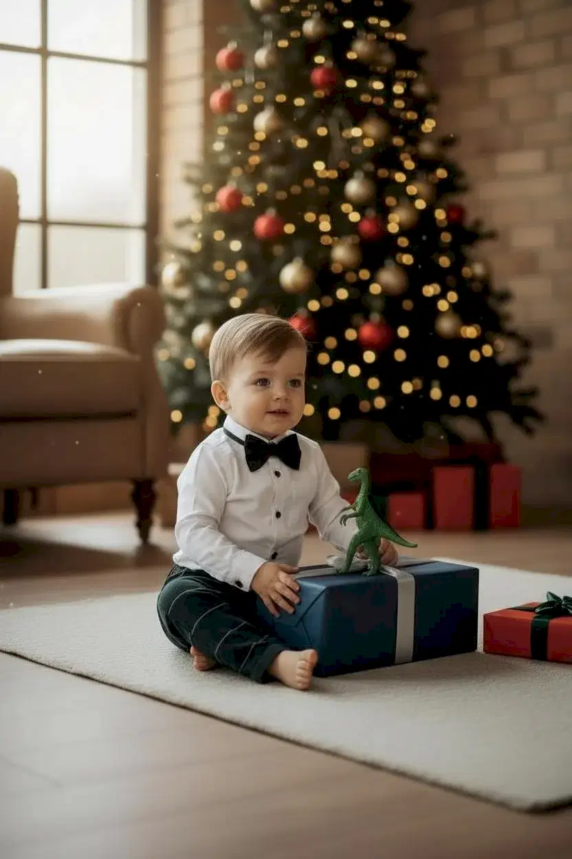 Yeni Yıl Çan Nakışlı Erkek Bebek Takım – Ekose Pantolon & Gömlek Papyon Takım Set