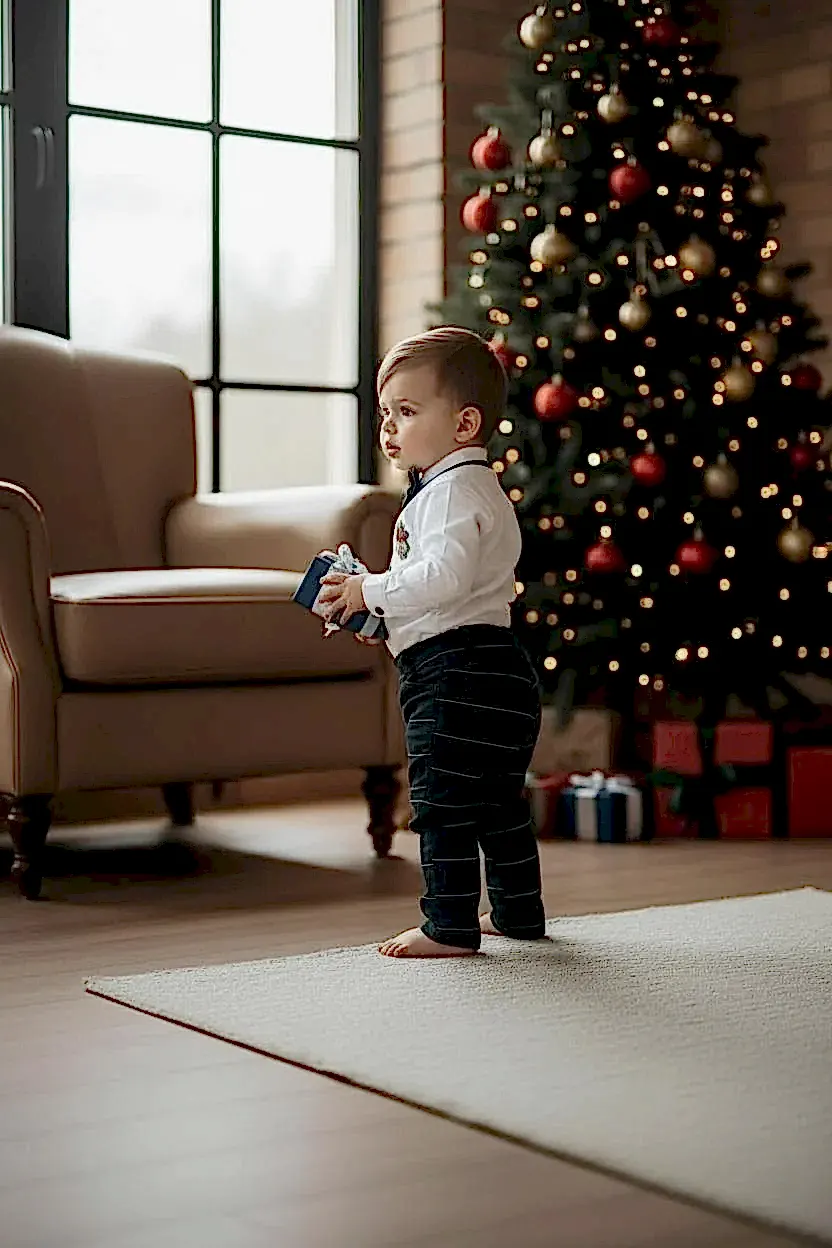 Yeni Yıl Çan Nakışlı Erkek Bebek Takım – Ekose Pantolon & Gömlek Papyon Takım Set