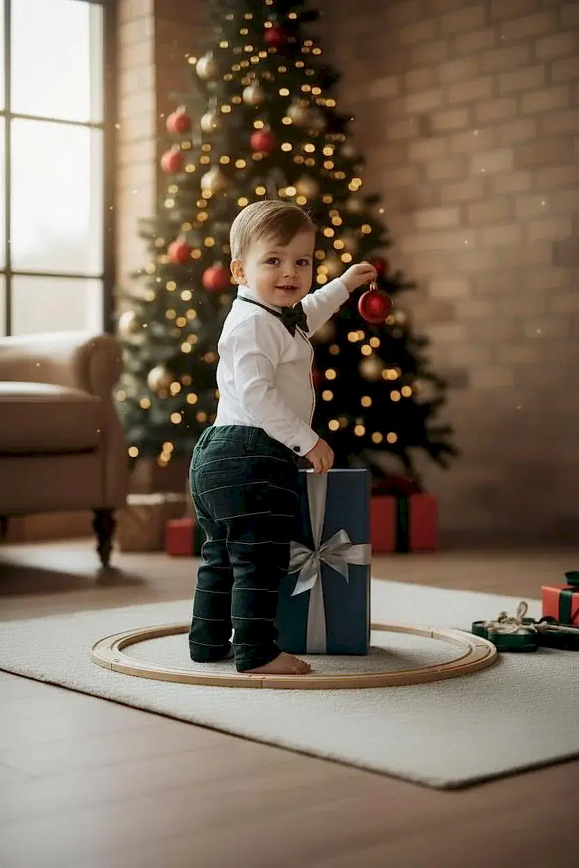 Yeni Yıl Çan Nakışlı Erkek Bebek Takım – Ekose Pantolon & Gömlek Papyon Takım Set