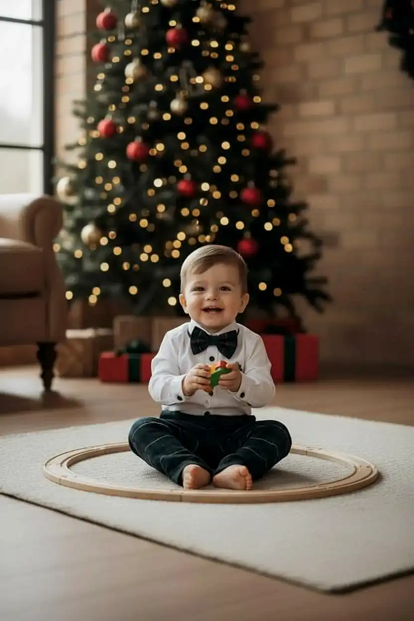 Yeni Yıl Çan Nakışlı Erkek Bebek Takım – Ekose Pantolon & Gömlek Papyon Takım Set