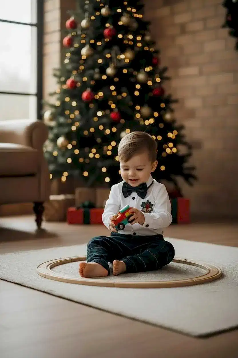 Yeni Yıl Çan Nakışlı Erkek Bebek Takım – Ekose Pantolon & Gömlek Papyon Takım Set