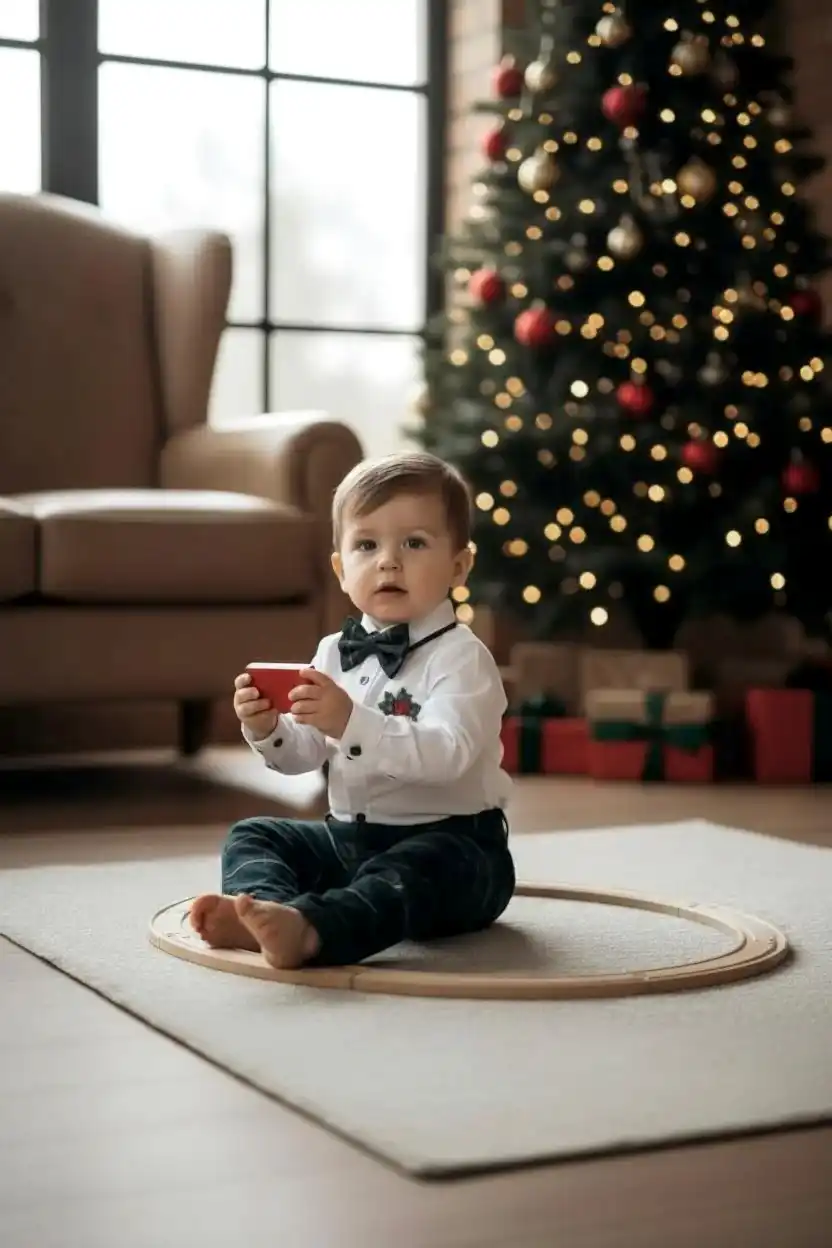 Yeni Yıl Çan Nakışlı Erkek Bebek Takım – Ekose Pantolon & Gömlek Papyon Takım Set