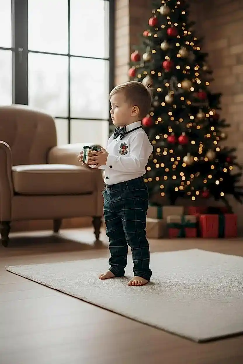 Yeni Yıl Çan Nakışlı Erkek Bebek Takım – Ekose Pantolon & Gömlek Papyon Takım Set