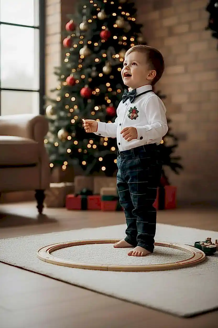 Yeni Yıl Çan Nakışlı Erkek Bebek Takım – Ekose Pantolon & Gömlek Papyon Takım Set