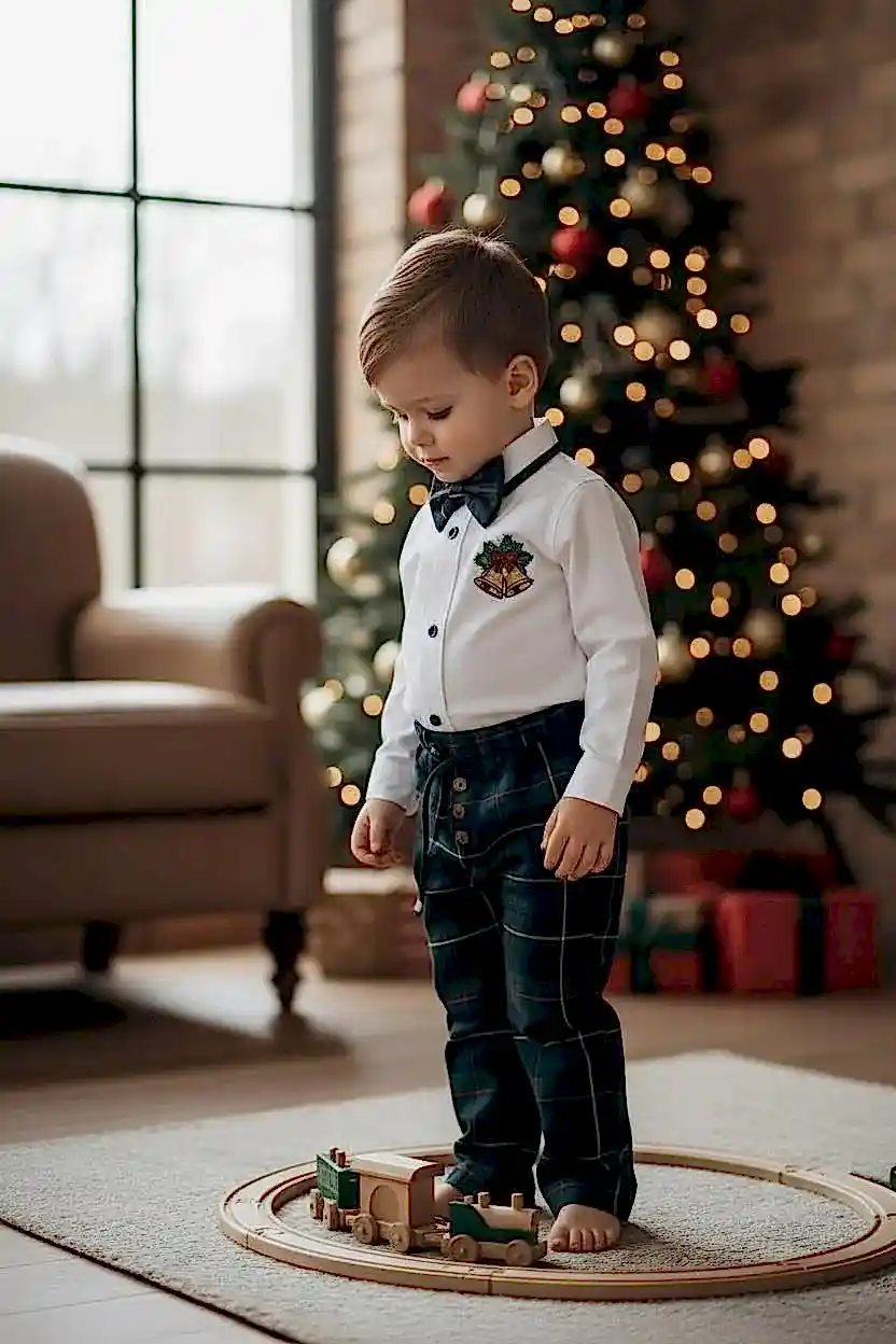 Yeni Yıl Çan Nakışlı Erkek Bebek Takım – Ekose Pantolon & Gömlek Papyon Takım Set