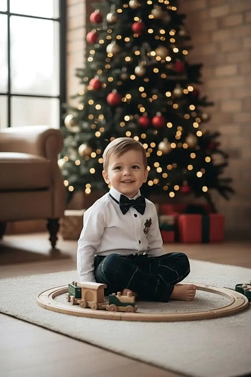 Yeni Yıl Çan Nakışlı Erkek Bebek Takım – Ekose Pantolon & Gömlek Papyon Takım Set