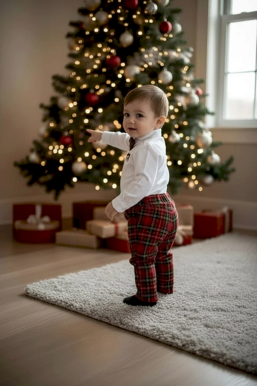 Noel Baba Nakışlı Erkek Bebek Yılbaşı Takımı – Ekose Pantolon &Gömlek Papyon