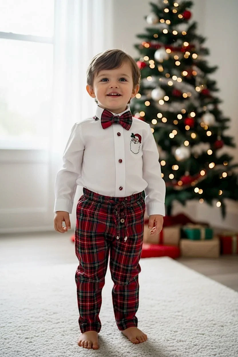 Noel Baba Nakışlı Erkek Bebek Yılbaşı Takımı – Ekose Pantolon &Gömlek Papyon