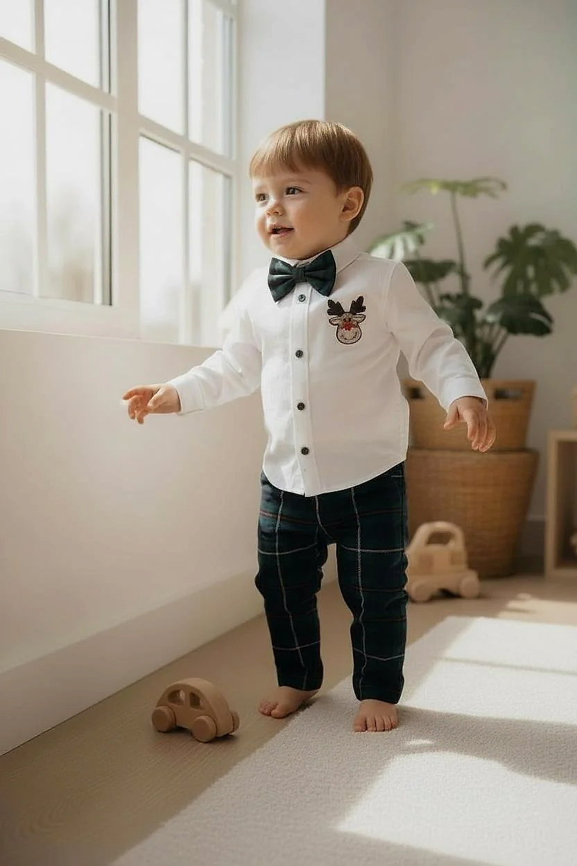 Erkek Bebek Yılbaşı Takımı – Ren Geyiği Nakışlı Gömlek & Ekose Pantolon Papyon