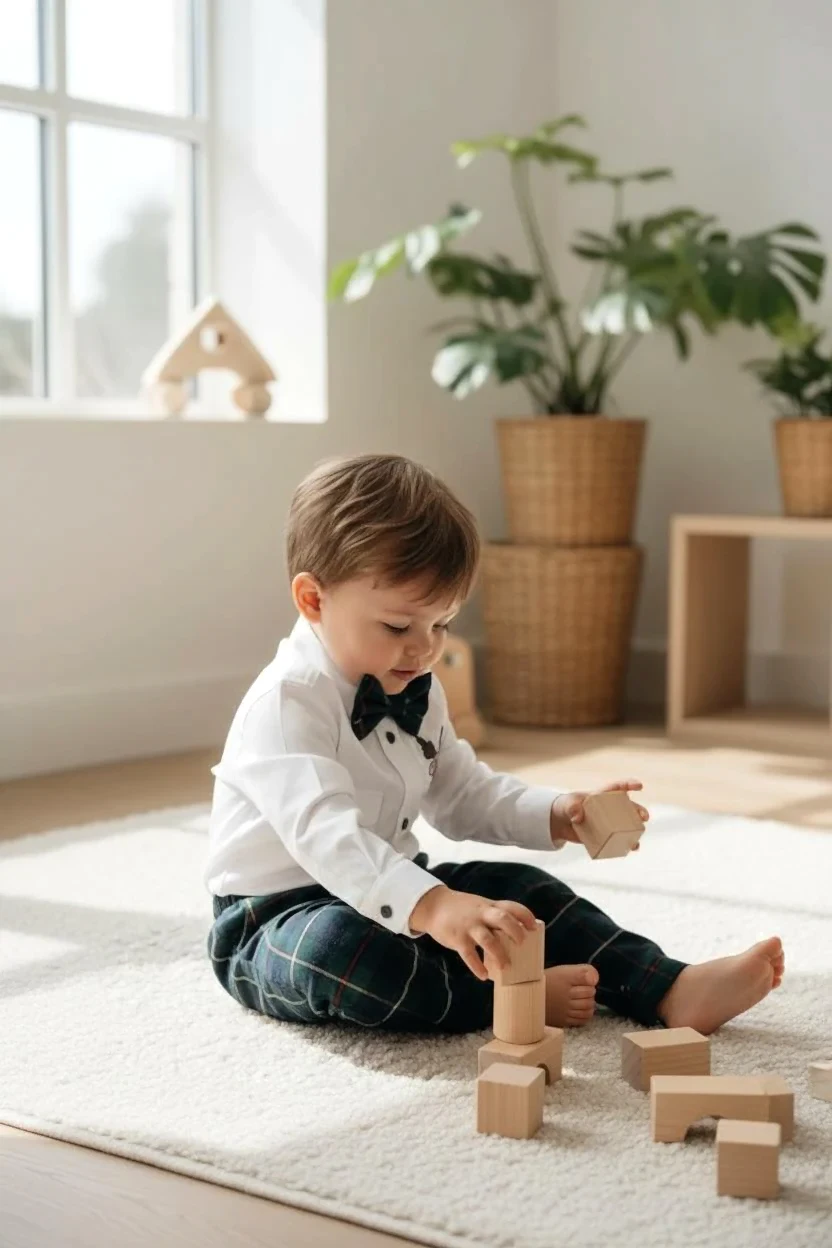 Erkek Bebek Yılbaşı Takımı – Ren Geyiği Nakışlı Gömlek & Ekose Pantolon Papyon