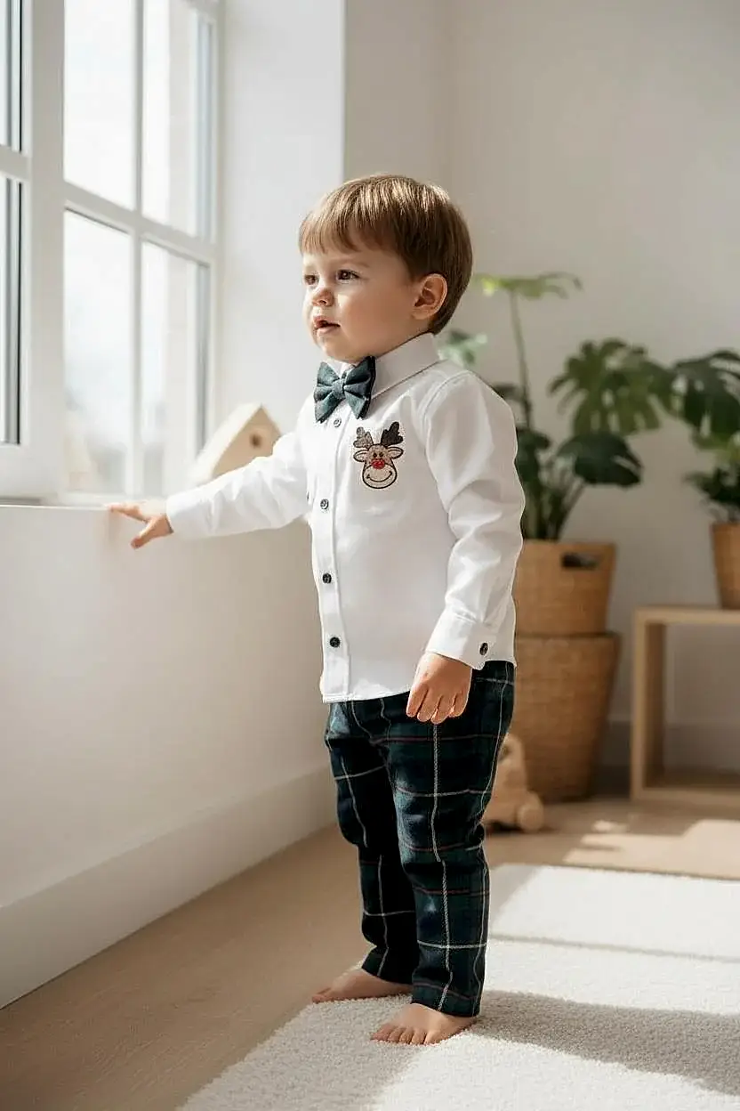 Erkek Bebek Yılbaşı Takımı – Ren Geyiği Nakışlı Gömlek & Ekose Pantolon Papyon