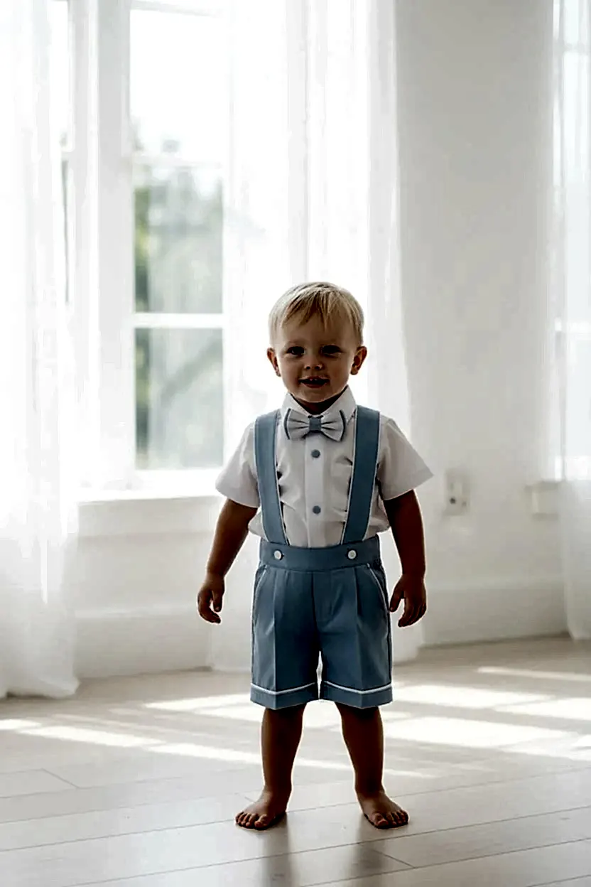 Bebe Mavi Erkek Bebek Askılı Şort Takım Papyonlu Özel Gün Kombini