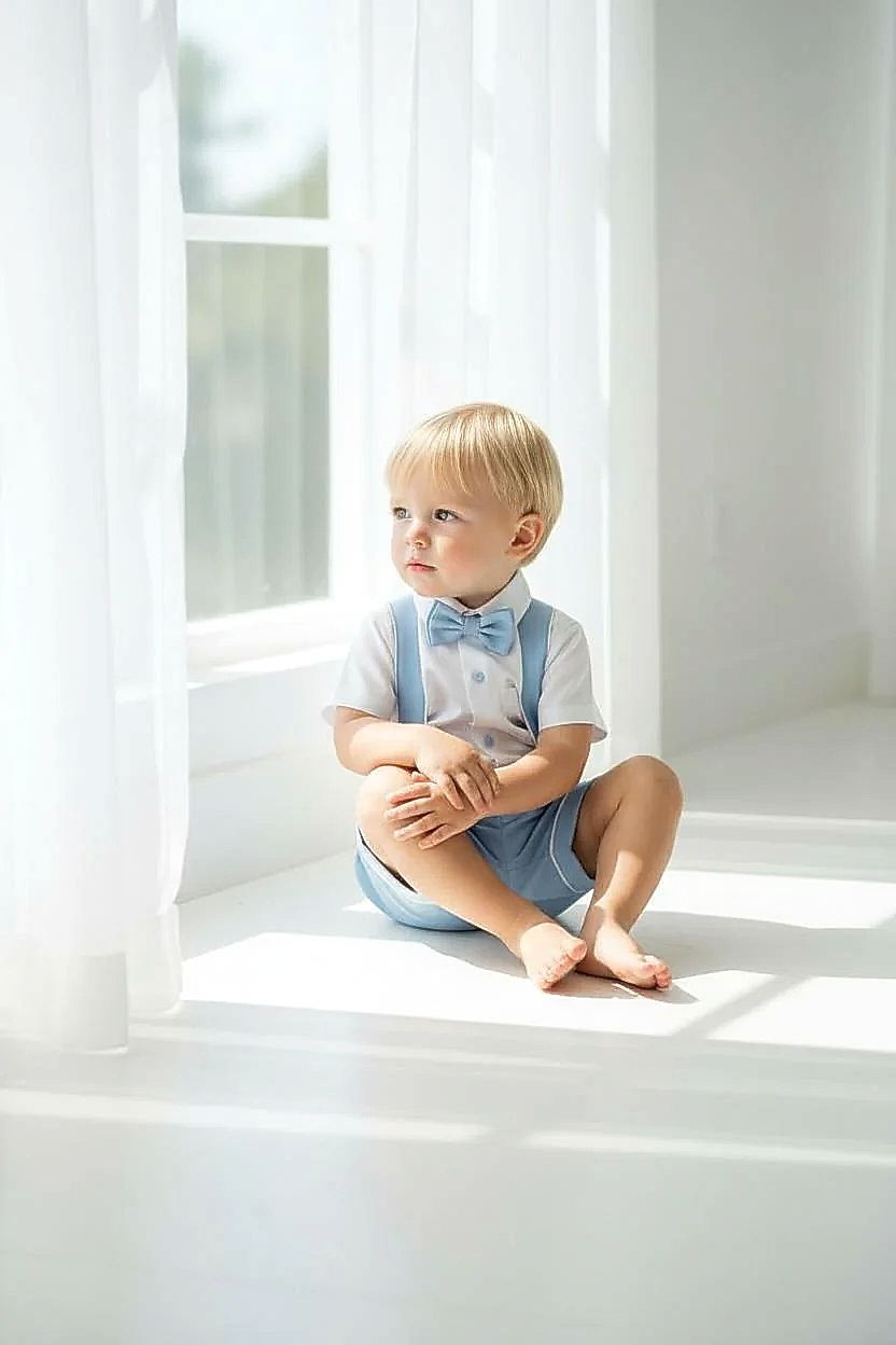 Bebe Mavi Erkek Bebek Askılı Şort Takım Papyonlu Özel Gün Kombini