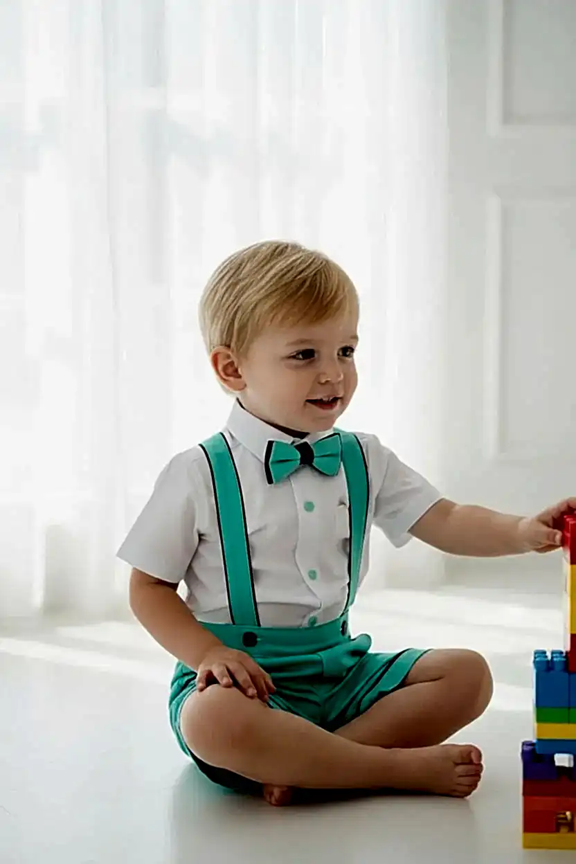 Erkek Çocuk Mint Yeşili Askılı Şort Takım  Papyonlu Özel Gün Kombini