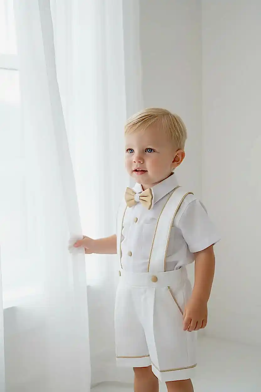 Erkek Bebek Beyaz Askılı Şort Takım  Papyonlu Özel Gün Kombini