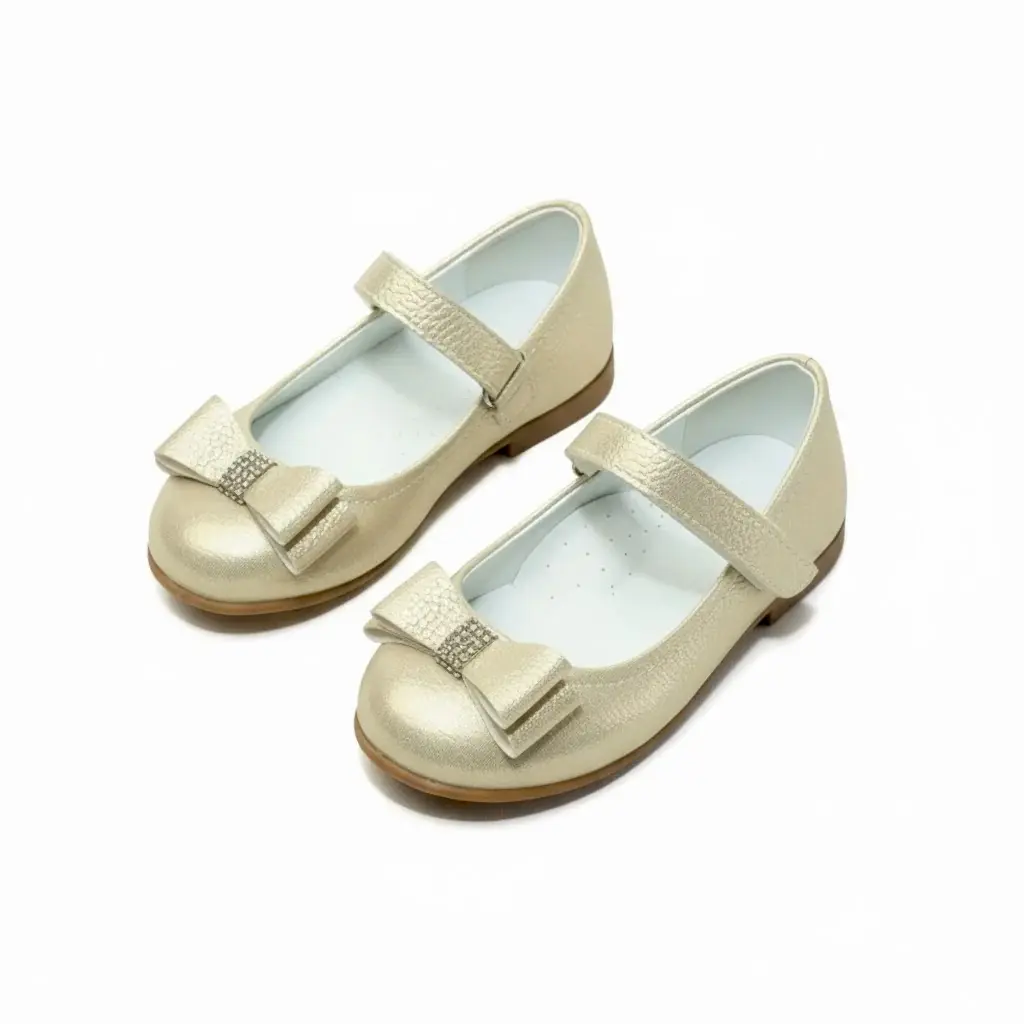 Kız Çocuk Gold Rengi Babet Ayakkabı Fiyonklu, Bilekten Cırtlı Bayramlık