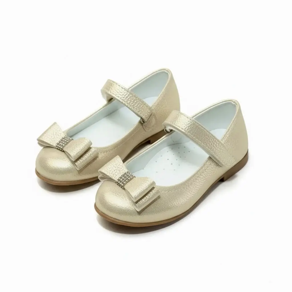 Kız Çocuk Gold Rengi Babet Ayakkabı Fiyonklu, Bilekten Cırtlı Bayramlık