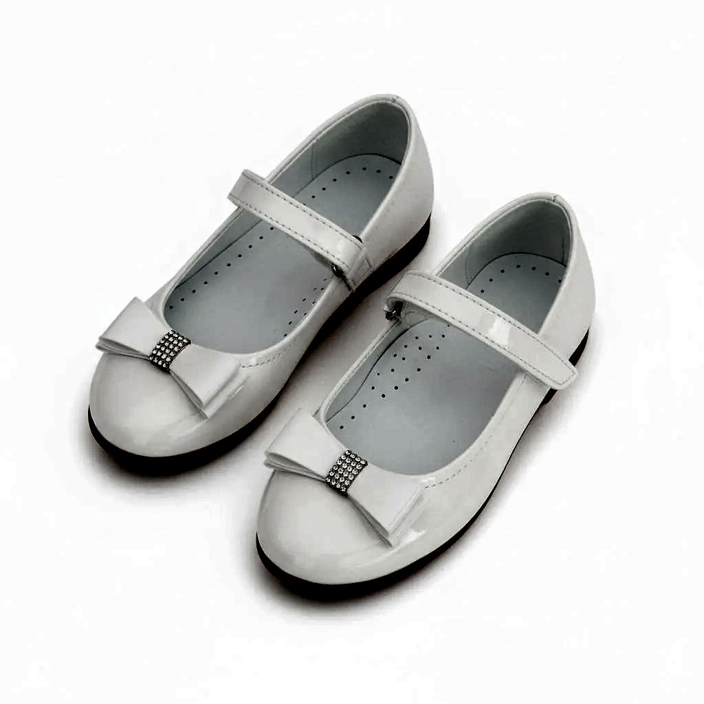 Kız Çocuk Beyaz Babet Ayakkabı | Fiyonklu, Bilekten Cırtlı Bayramlık & Özel Gün