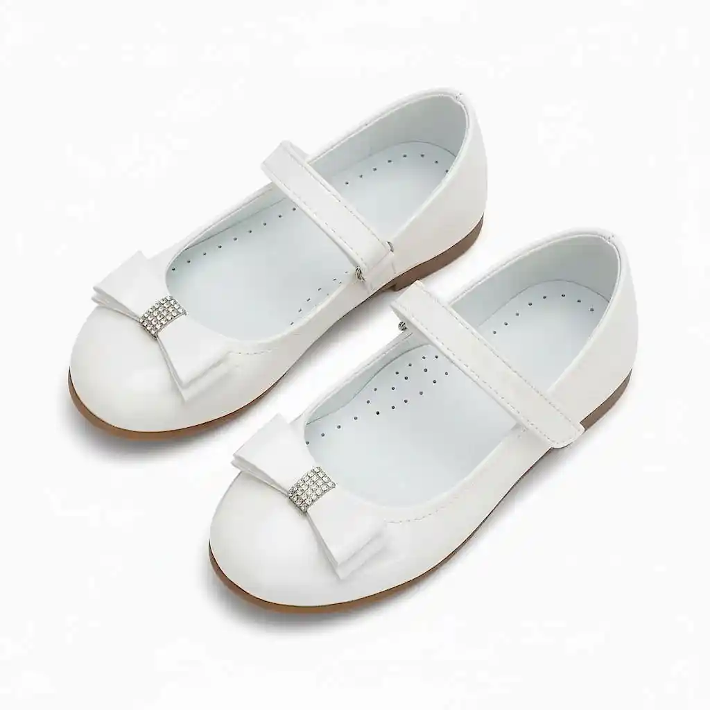Kız Çocuk Beyaz Babet Ayakkabı | Fiyonklu, Bilekten Cırtlı Bayramlık & Özel Gün
