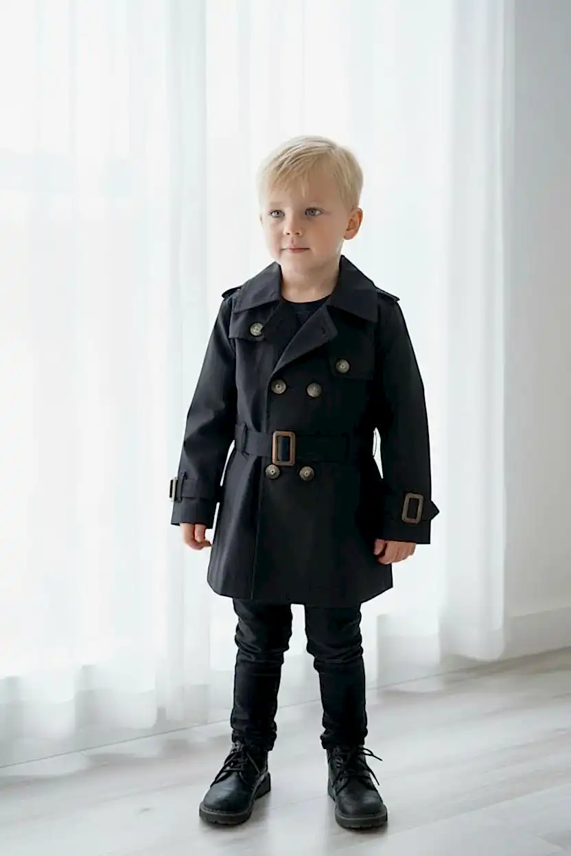 Premium Erkek Çocuk Siyah Trençkot | Klasik & Şık
